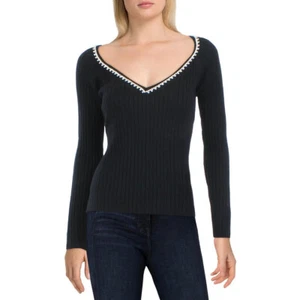 Aqua Womens Embellished Ribbed Shirt V-Neck Sweater Top, Black, XS - Picture 1 of 2