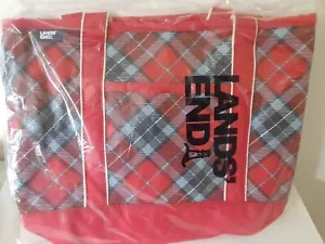 Lands End Med Canvas Zip Top Tote Bag in Rich Red Multi Plaid, Brand New w/Tags - Picture 1 of 6