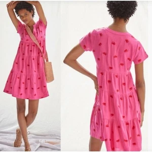 Maeve Embroidered Red Crab Dress Sz M Hot Pink Multi Tiered Coastal Euro Summer - Picture 1 of 10