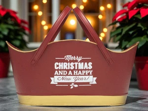 Decorative Red Metal Tin Planter Basket with Handle 25.6x35.6cm Merry Christmas - Picture 1 of 8
