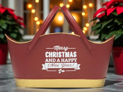 Decorative Red Metal Tin Planter Basket with Handle 25.6x35.6cm Merry Christmas - Image 1 of 4