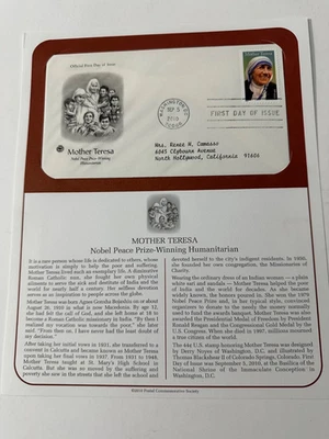 MOTHER TERESA Humanitarian Postal Comm. Society FDC - Sept 5, 2010! - Image 1 of 3
