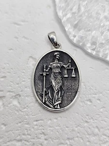 Themis Goddess of Justice 925 Sterling Silver Scales Sword Pendant - Picture 1 of 3