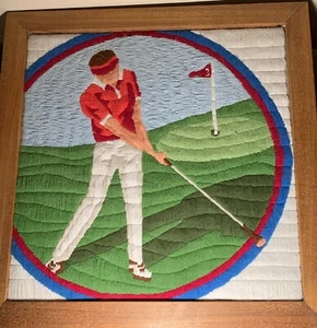 Golfer stiched w/yarn - Colorful-Art and Craft-Framed 24"X24"-Christmas Gift - Picture 1 of 5