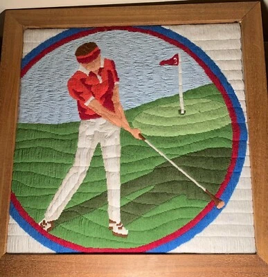 Golfer stiched with yarn - Colorful - Detailed Art and Craft - Framed 24"X24" - Image 1 of 4
