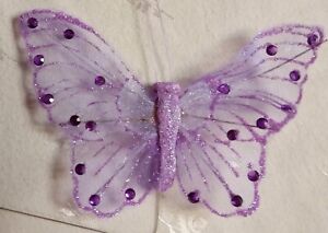 NWOT Butterfly Ornament w/Wire-Glitter & Rhinestones on Purple Nylon Mesh-6" W