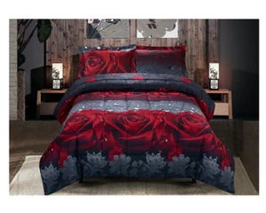 New 3 Piece Red Rose Queen Size Comforter Set Bedding Black Bedspread Floral - Picture 1 of 4