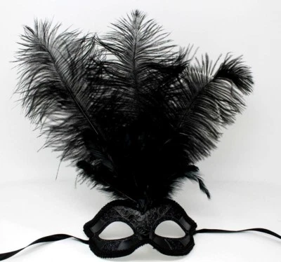 ALL BLACK FEATHER MASK VENETIAN MASQUERADE BALL CARNIVAL PARTY FACE EYE MASK - Image 1 of 4