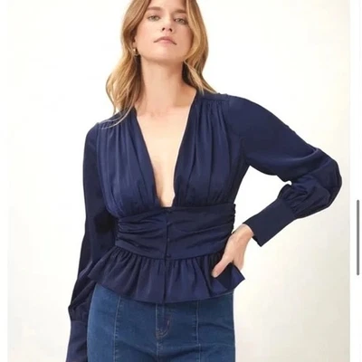 JASON WU | Navy Satin Peplum Blouse Top Long Sleeve V-Neck NWT | Size Large - Image 1 of 4