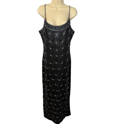 VTG Papell Boutique Evening Silk Beaded Gown Maxi Dress Black Elegant Sz 14  - Image 1 of 4