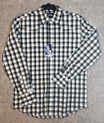 Wrangler Mens Long Sleeve Pearl Snap Button Up Shirt Black White Plaid Large NWT - Image 1 of 4