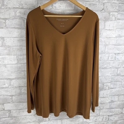 Top Susan Graver Tejido Líquido Popover Cuello en V Mangas Largas Marrón Castaño Talla XL Foto 1 de 4