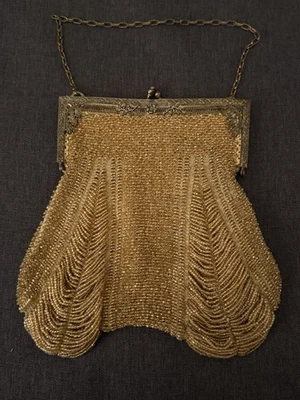 Antique Art Deco Gold Floral Filigree Frame Brown Knit Amber Yellow Bead Purse - Image 1 of 4