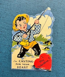 Vintage Fly Fishing Valentine Love Romance Card 1930s - Picture 1 of 3