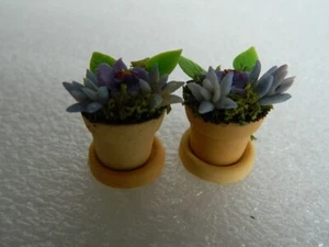 (G4.23) 1/12th DOLLS HOUSE PAIR OF MINI TERRACOTTA POTS WITH FLOWERS & FOLIAGE - Picture 1 of 6