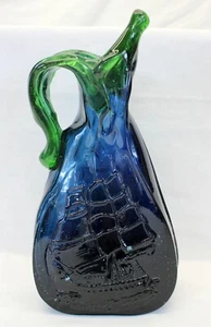 HARKO Art Glass Pitcher USS CONSTITUTION Cobalt Blue Green 9 1/2" US NAVY SHIP - Picture 1 of 11