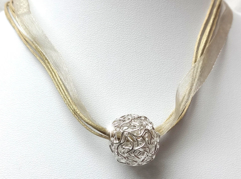 SILBER PERLE HALSKETTE KETTE ORGANZA KUGEL DRAHTKUGEL SCHMUCK HELLBRAUN GOLD - Bild 1 von 1