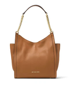 $328 MICHAEL KORS Newbury Medium Chain Shoulder Bag Tote Leather Acorn Tan Brown - Picture 1 of 12