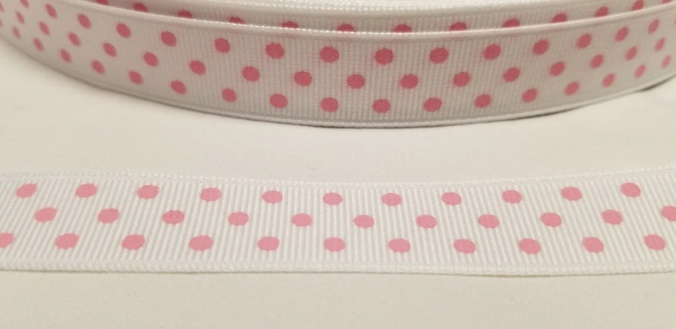 Offray Polka Dot Grosgrain Ribbon 5/8"~ 5 yards ~New~ White w/pink swiss dots - Image 1 of 1