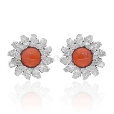 SI/H Diamond Coral Gemstone Stud Earrings Gift 14k White Solid Gold 5.37 Tcw - Image 1 of 4