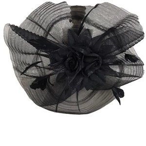 Women's Hat Fascinator Black Netting Feathers Satin OS - Picture 1 of 4