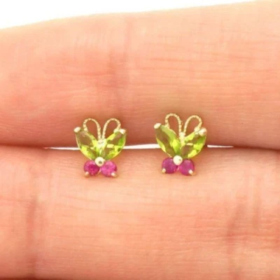 Kids 14K Gold Simulated Peridot Ruby Butterfly Baby Screw Back Stud Earrings - Image 1 of 4