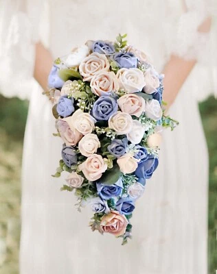 Pink Dusty Blue Rose Cascade Bridal Bouquet Eucalyptus Sola Wood Wedding Flowers - Image 1 of 2