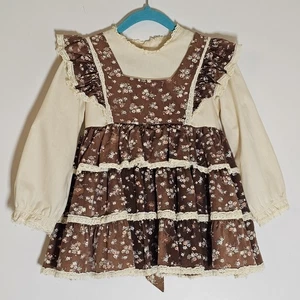 Vestido Vintage Niñas 6 Marrón Floral Volantes Encaje Jersey Estilo Pradera Casa Muñeca - Imagen 1 de 20