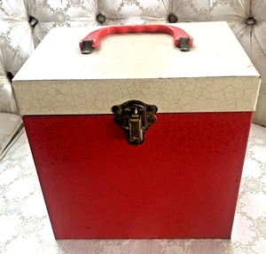 VINTAGE Red & White METAL 45 RPM Record Storage Case ~ W/ Index Cards & Records - Picture 1 of 9