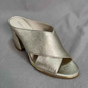 Kenneth Cole Lyra Gold Mules Heeled Sandals Criss Cross Leather Block Heel 7 - Picture 1 of 11