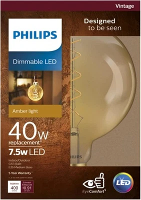 Philips 40W Equivalent Amber G63 Medium Dimmable LED Decorative Light Bulb -ROUN - Image 1 of 3