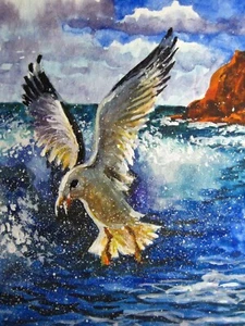 Watercolor Painting Ocean Bird Seagulls Sea Waves Nature ACEO Art - Picture 1 of 2