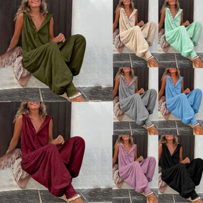 Damen Ärmelloser Overall Mit Kapuze Lockerer Playsuit Baggy-Overall C8 - Bild 1 von 4