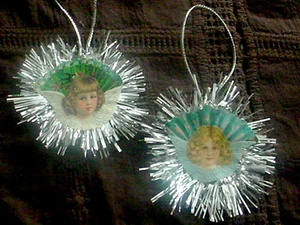 2 HANDMADE CHRISTMAS ANGEL ORNAMENTS CHROMO FANS TINSEL TRIM - Picture 1 of 4