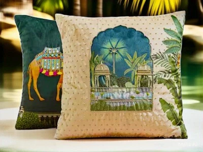 Handmade Gold/Green Velvet Camel Print Beaded Cushion Cover 2 Pcs Set - Image 1 of 4