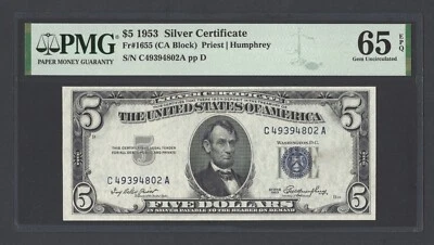 United States-Silver Certificate 5 Dollars 1953 Fr#1655 (CA Block) UNC Grade 65 - Image 1 of 2
