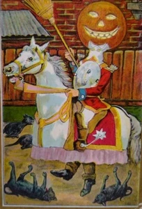 Halloween Postcard Fantasy Goblin Horseback Dead Black Cats Florence Bamberger - Picture 1 of 5