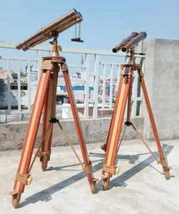 Pair of Brass 2 Nautical Binoculars Floor Class Tripod Stand Antique Maritime - Picture 1 of 18