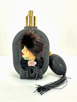 Perfume Atomizer Bottle Black Satin Glass with 3D Fashion Lady Figurehead Vtg - Image 1 of 4