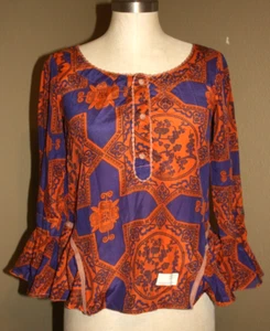 ANTHROPOLOGIE ODD MOLLY PURPLE ORANGE DAMASK PATTERN BOHEMIAN TUNIC - 1 XS SMALL - Picture 1 of 5