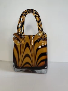 BLOCK CRSTAL TIGER STRIPE ART GLASS PURSE VASE - “ELIZABETH”, VINTAGE - Picture 1 of 12