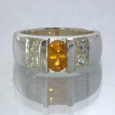 Fanta Orange Spessartite Garnet White Sapphire Silver Ring size 7.75 Design 207