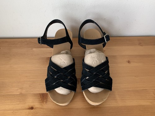 Sandali neri UGG Uma taglia 8M pelle scamosciata con cinturini zeppa sughero