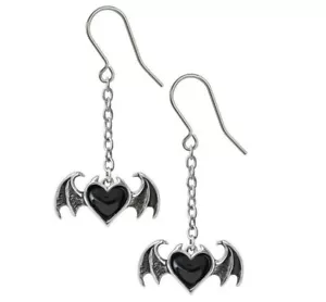 Alchemy Gothic Blacksoul Demon Wing Black Heart Dangling Chain Earrings E443 - Picture 1 of 2
