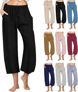 Women Wide Leg Cropped Lounge Trousers Drawstring Elastic Waist Summer Pants - Picture 1 of 164