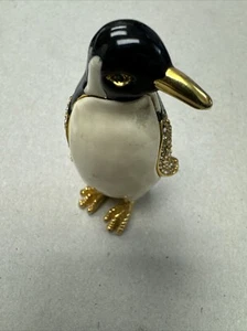 Hand Painted Enamel Rinestone Covered  Penguin Magnetic Trinket Jewel Box 2.75" - Picture 1 of 4
