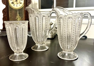 EAPG US Glass Dew Drop Wisconsin Clear Water Pitchers & Matching Vase Set - Picture 1 of 5