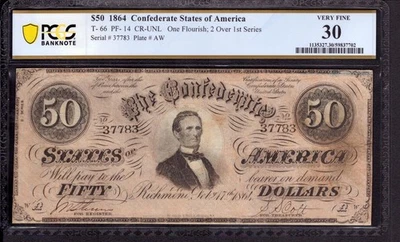 1864 $50 CONFEDERATE STATES OF AMERICA NOTE CURRENCY T-66 PF-14PCGS B VF 30 (02) - Image 1 of 2