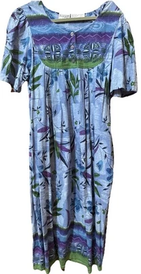 Phases Sz Large 100% Cotton Batik Floral Midi Tunic Muu Muu  Dress Aqua - Image 1 of 4