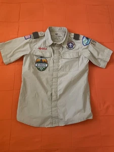 Boy Scouts Shirt Youth Large Scout Beige Short Sleeve With Patches - Picture 1 of 8